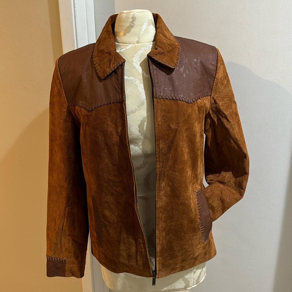 Lee Vintage Chestnut Brown Leather Suede Embossed Zip Up Lined Jacket M